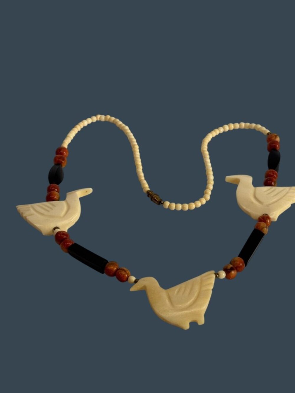 Vintage Southwestern Carved Duck Bird Necklace Shell Black Stone Beads 22"